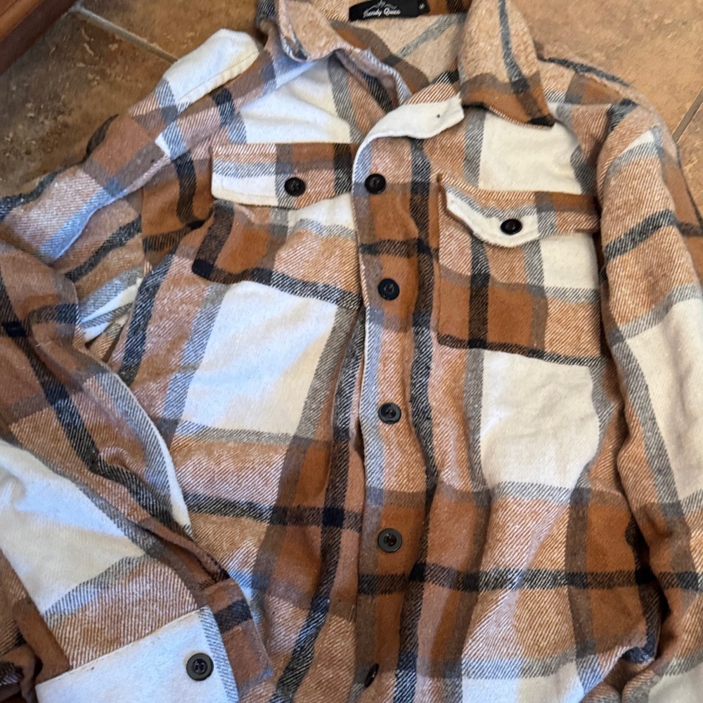 Brown and White Plaid Button-Up Shirt